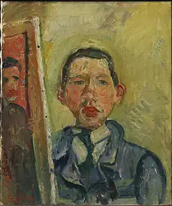 Portrait à l'huile d'un homme en cravate avec une veste bleue.