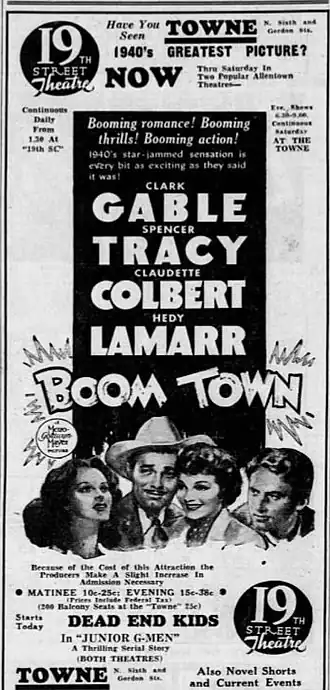 Description de l'image 1940 - Nineteenth Street and Towne Theater Ad - 3 Oct MC - Allentown PA.jpg.
