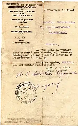 Courrier de la direction de Clermont-Ferrand du Commissariat demandant à Léon Abraham&nbsp;(he) de se manifester, en novembre 1941.