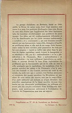 Photographie de la quatrième de couvertures d'un tract diffusé par la revue Socialisme ou barbarie