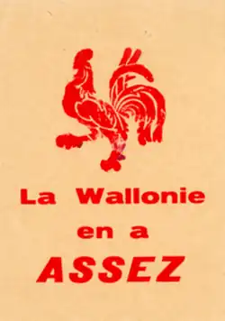 Tract utilisé par des militants d'associations liées au Mouvement wallon qui contient une version simplifiée du coq hardi dessiné par Pierre Paulus.