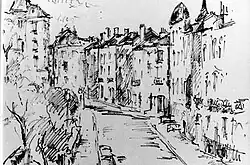 Côté droit du square Armand Steurs à Saint-Josse-ten-Noode, dessin à la plume par l'architecte Léon van Dievoet, le 2 novembre 1968.