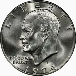 Pièce de monnaie représentant le profil gauche d'un homme avec les inscriptions In God We Trust, Liberty et 1974.