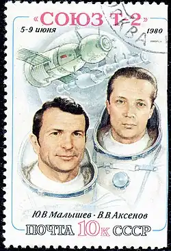 Vladimir Axionov (à droite) et Iouri Malychev sur un timbre émis en 1980.