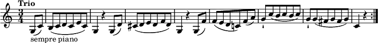 \relative c'' {
\version "2.18.2"
\key c \major
\time 3/4
\tempo "Trio"
\partial 4 \partial 4 g,8_\markup{ sempre piano} (c)
b (c d c e c)
g4 r4 g8 (d')
cis (d e d f d)
g,4 r4 g8 (f')
f (e d c!) f (a)
g-! c (b c b c)
g-! g (fis g fis g)
c,4 r4 \bar ":|."
}