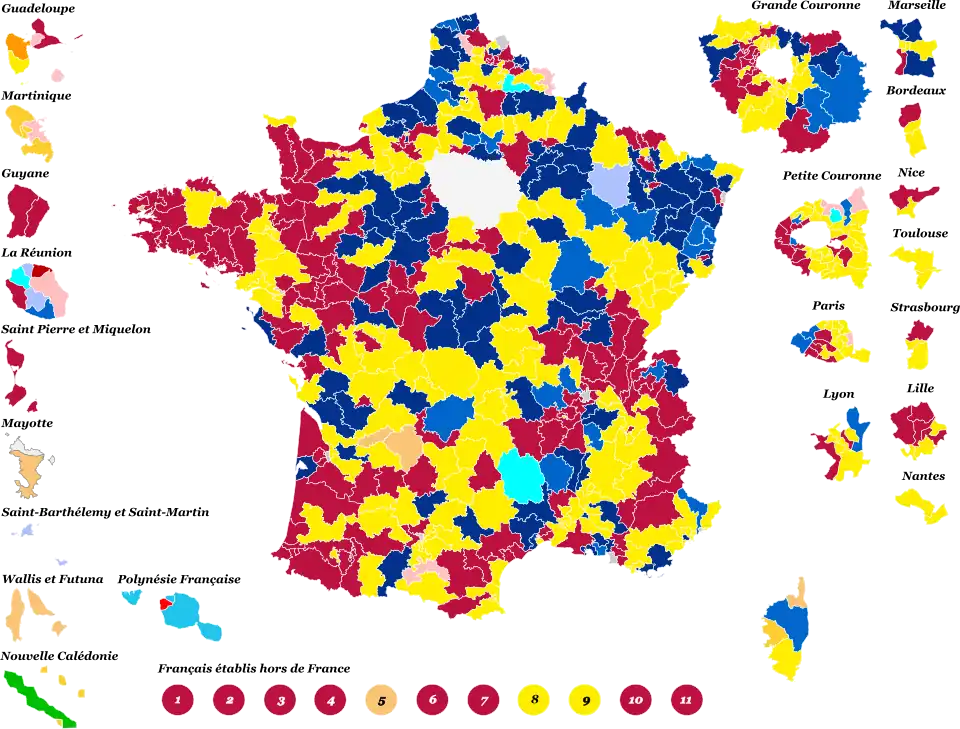 Nuance politique des candidats arrivés en deuxième position dans chaque circonscription au 1er tour.