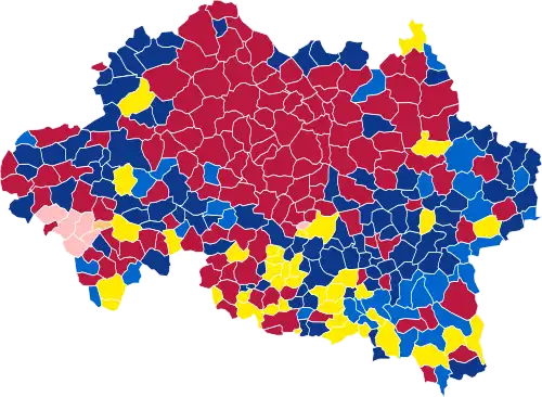 Nuance politique des candidats arrivés en tête dans chaque commune au 1er tour.