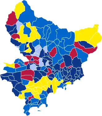 Nuance politique des candidats arrivés en tête dans chaque  commune au 1er tour.