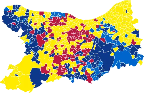 Nuance politique des candidats arrivés en tête dans chaque commune au 1er tour.