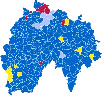 Nuance politique des candidats arrivés en tête dans chaque commune au 1er tour.