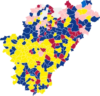 Nuance politique des candidats arrivés en tête dans chaque commune au 1er tour.