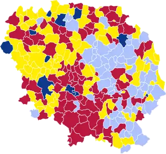 Nuance politique des candidats arrivés en tête dans chaque commune au 1er tour.