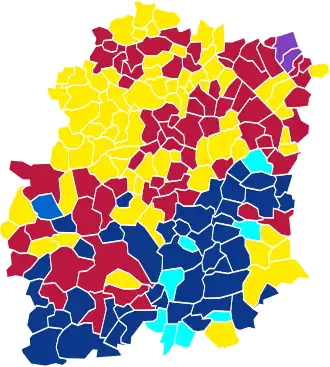 Nuance politique des candidats arrivés en tête dans chaque commune au 1er tour.