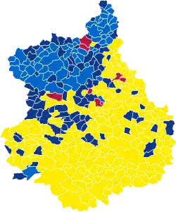 Nuance politique des candidats arrivés en tête dans chaque commune au 1er tour.