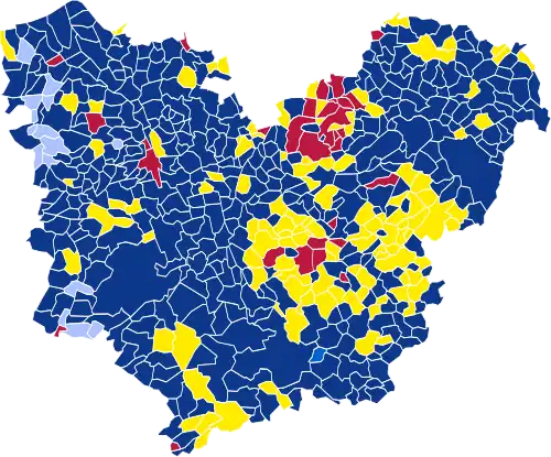 Nuance politique des candidats arrivés en tête dans chaque commune au 1er tour.
