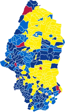Nuance politique des candidats arrivés en tête dans chaque commune au 1er tour.