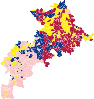Nuance politique des candidats arrivés en tête dans chaque commune au 1er tour.