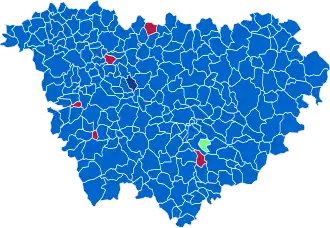 Nuance politique des candidats arrivés en tête dans chaque commune au 1er tour.