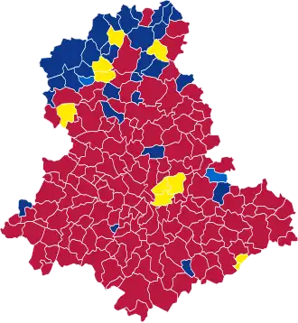 Nuance politique des candidats arrivés en tête dans chaque commune au 1er tour.