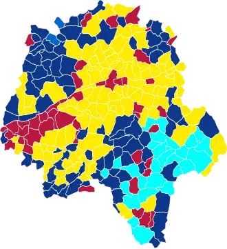 Nuance politique des candidats arrivés en tête dans chaque commune au 1er&nbsp;tour.