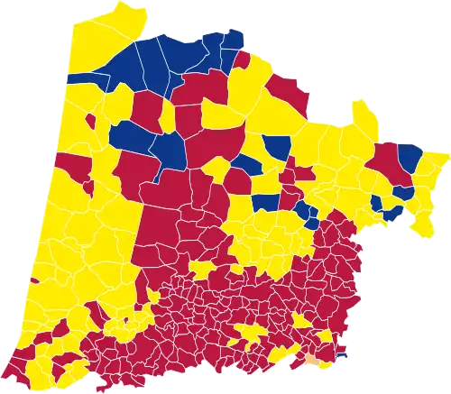 Nuance politique des candidats arrivés en tête dans chaque commune au 1er tour.