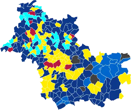 Nuance politique des candidats arrivés en tête dans chaque commune au 1er tour.
