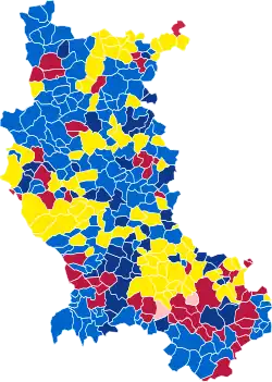 Nuance politique des candidats arrivés en tête dans chaque commune au 1er tour.
