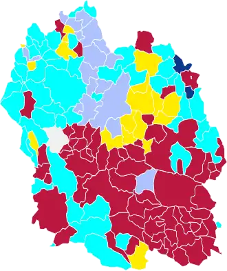 Nuance politique des candidats arrivés en tête dans chaque commune au 1er tour.