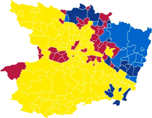Nuance politique des candidats arrivés en tête dans chaque commune au 1er tour.