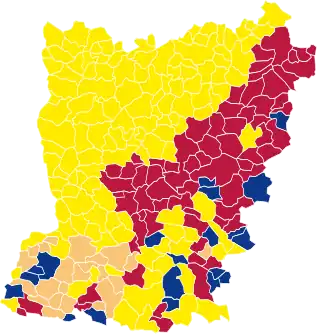 Nuance politique des candidats arrivés en tête dans chaque commune au 1er tour.