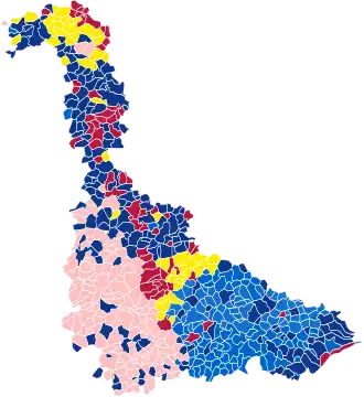 Nuance politique des candidats arrivés en tête dans chaque commune au 1er tour.