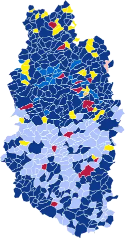 Nuance politique des candidats arrivés en tête dans chaque commune au 1er tour.