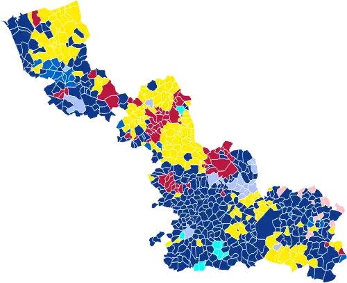 Nuance politique des candidats arrivés en tête dans chaque commune au 1er tour.