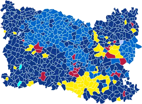 Nuance politique des candidats arrivés en tête dans chaque commune au 1er tour.