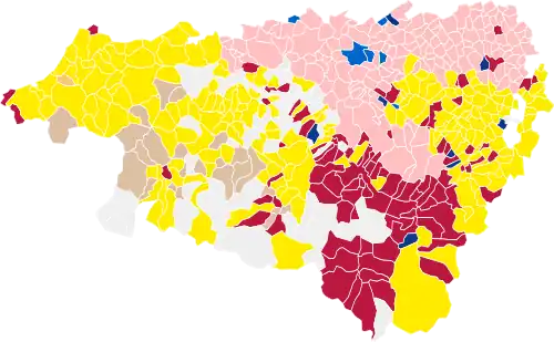 Nuance politique des candidats arrivés en tête dans chaque commune au 1er tour.