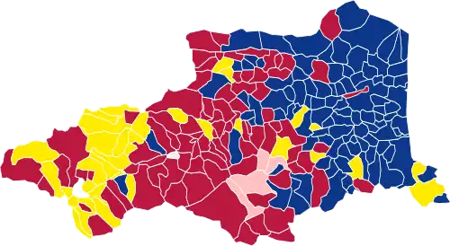 Nuance politique des candidats arrivés en tête dans chaque commune au 1er tour.