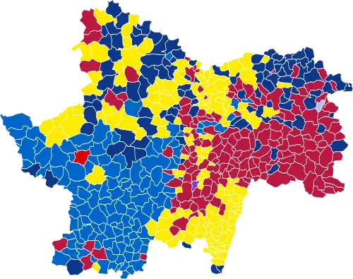 Nuance politique des candidats arrivés en tête dans chaque commune au 1er tour.