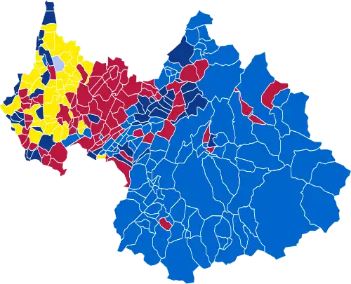 Nuance politique des candidats arrivés en tête dans chaque commune au 1er tour.