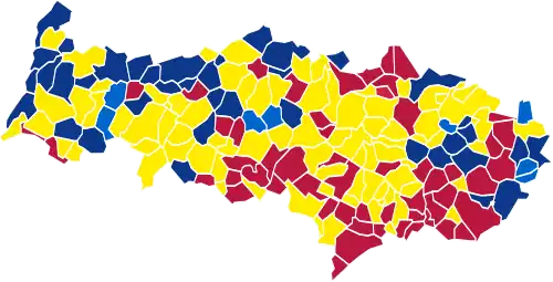 Nuance politique des candidats arrivés en tête dans chaque commune au 1er tour.