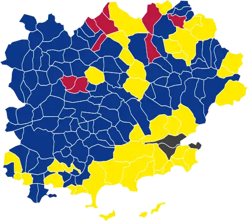Nuance politique des candidats arrivés en tête dans chaque commune au 1er tour.