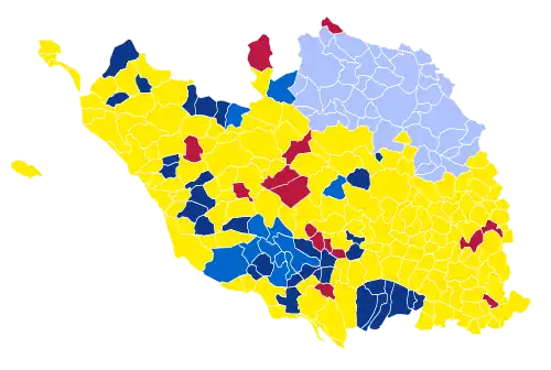 Nuance politique des candidats arrivés en tête dans chaque commune au 1er tour.