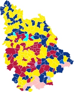 Nuance politique des candidats arrivés en tête dans chaque commune au 1er tour.