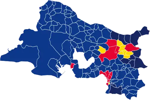 Nuance politique des candidats arrivés en tête dans chaque commune au 1er tour.