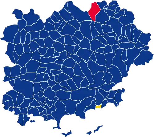 Nuance politique des candidats arrivés en tête dans chaque commune au 1er tour.