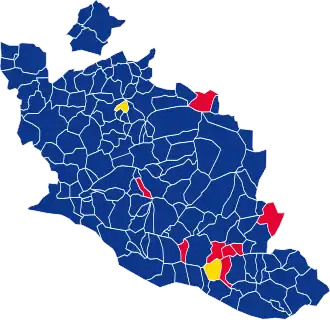 Nuance politique des candidats arrivés en tête dans chaque commune au 1er tour.