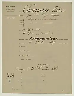 Attestation de décoration datant de 1869, à l'encre.