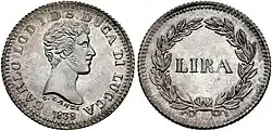 L'avers et le revers de la lire de Lucques, comportant respectivement l'effigie de Charles-Louis et le mot LIRA.