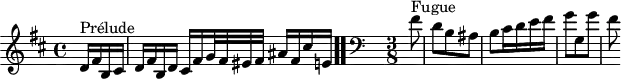 
\version "2.18.2"
\header {
  tagline = ##f
}

\score {
  \new Staff \with {

  }
<<
  \relative c' {
    \key b \minor
    \time 4/4

     %% INCIPIT CBT II-24, BWV 893, si mineur
     \partial 4
     s4*0^\markup{Prélude} d16 fis b, cis d fis b, d cis fis g32 fis eis fis ais16 fis cis' e, \bar ".."
      \skip 8*1
      \override Staff.Clef.extra-offset = #'( -1 . 0 )
      \clef bass
     \time 3/8 \partial 8
     s4*0^\markup{Fugue} fis8 d b ais b cis16 d e fis g8 g, g' fis

  }
>>
  \layout {
     \context { \Score \remove "Metronome_mark_engraver"
     \override SpacingSpanner.common-shortest-duration = #(ly:make-moment 1/2) 
       }
  }
  \midi {}
}
