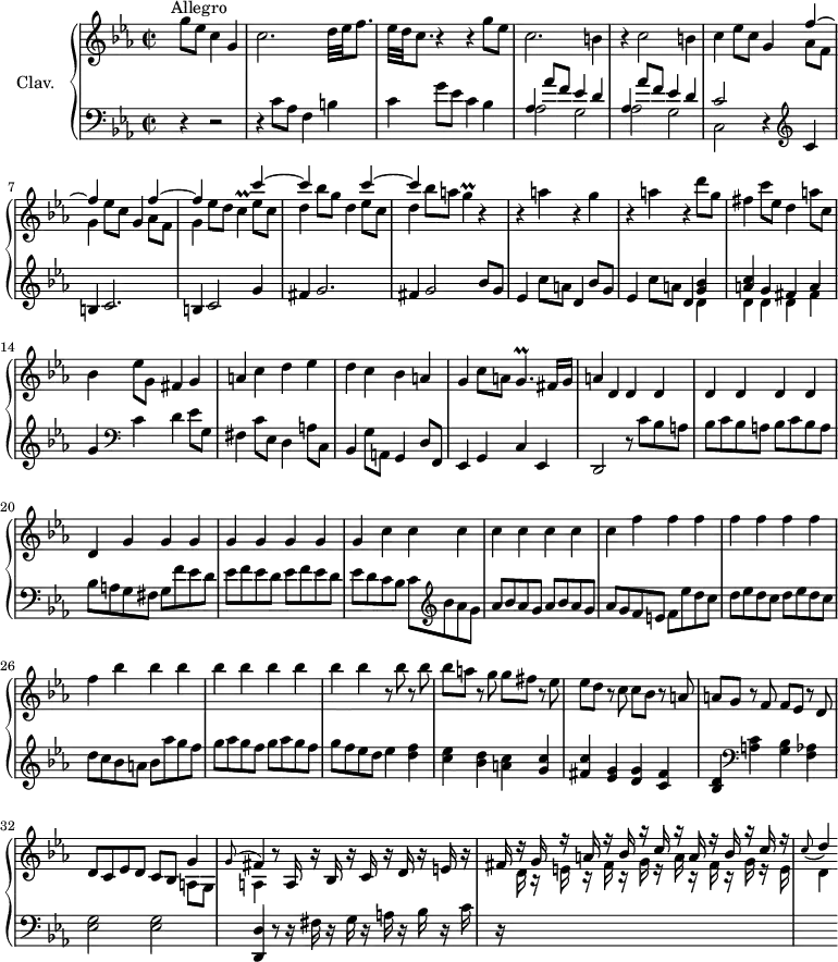 \version "2.18.2"
\header {
tagline = ##f
% composer = "Domenico Scarlatti"
% opus = "K. 230"
% meter = "Allegro"
}
%% les petites notes
trillC = { \tag #'print { c4\prall } \tag #'midi { \times 2/3 { d16 c d } c8 } }
trillG = { \tag #'print { g4\prall } \tag #'midi { \times 2/3 { a16 g a } g8 } }
trillGp = { \tag #'print { g4.\prall } \tag #'midi { a16 g a g a g } }
appoGFis = { \tag #'print { \appoggiatura g8 fis4 } \tag #'midi { \tempo 2 = 62 g4 \tempo 2 = 40 fis8 \tempo 2 = 92 } }
appoCD = { \tag #'print { \appoggiatura c8 d4 } \tag #'midi { \tempo 2 = 62 c4 \tempo 2 = 40 d8 \tempo 2 = 92 } }
upper = \relative c'' {
\clef treble
\key c \minor
\time 2/2
\tempo 2 = 92
\set Staff.midiInstrument = #"harpsichord"
\override TupletBracket.bracket-visibility = ##f
s8*0^\markup{Allegro}
s4 g'8 ees c4 g | c2. d32 ees f8. | ees32 d c8. r4 r4 g'8 ees | c2. b4 | r4 c2 b4 |
% ms. 6
c4 \repeat unfold 2 { ees8 c g4 << { f'4~ | f } \\ { aes,8 f | g4 } >> } ees'8 d \trillC << { c'4~ | c s2 | c4~ | c } \\ { ees,8 c | d4 bes'8 g d4 ees8 c | d4 } >> bes'8 a \trillG r4 |
% ms. 11
r4 a4 r4 g4 | r4 a4 r4 d8 g, | fis4 c'8 ees, d4 a'8 c, | bes4 ees8 g, fis4 g | a c d ees |
% ms. 16
d4 c bes a | g c8 a \trillGp fis16 g | a4 \repeat unfold 8 { d,4 }
% ms. 20 suite…
\repeat unfold 8 { g4 } \repeat unfold 8 { c4 } \repeat unfold 8 { f4 }
% ms. 26…
\repeat unfold 8 { bes4 } bes4 r8 bes8 r8 bes8 | bes a r8 g8 g fis r8 ees8 | ees d r8 c8 c bes r8 a8 |
% ms. 31
a8 g r8 f8 f ees r8 d8 | d c ees d c bes << { g'4 \appoGFis } \\ { a,8 g | a4 } >> r8 a16 r16 bes16 r16 c16 r16 d16 r16 e r16 |
% ms. 34
\stemUp fis16 r16 g16 r16 a16 r16 bes16 r16 c16 r16 a16 r16 bes16 r16 c16 r16 | \appoCD
}
lower = \relative c' {
\clef bass
\key c \minor
\time 2/2
\set Staff.midiInstrument = #"harpsichord"
\override TupletBracket.bracket-visibility = ##f
% **************************************
s4 r4 r2 | r4 c8 aes f4 b | c g'8 ees c4 bes | \repeat unfold 2 { << { aes4 aes'8 f ees4 d } \\ { aes2 g } >> }
% ms. 6
<< { c2 } \\ { c,2 } >> r4 \clef treble c'4 | b c2. | b4 c2 g'4 | fis g2. | fis4 g2 \repeat unfold 2 { bes8 g |
% ms. 11
ees4 c'8 a d,4 } << { < g bes >4 | < a c > g fis a } \\ { d, | d d d fis } >> | g4 \clef bass c, d ees8 g, | fis4 c'8 ees, d4 a'8 c, |
% ms. 16
bes4 g'8 a, g4 d'8 f, | ees4 g c ees, | d2 r8 c''8 bes a | \repeat unfold 2 { bes c bes a } | bes a g fis g f' ees d |
% ms. 21
\repeat unfold 2 { ees8 f ees d } | ees d c bes c \clef treble bes' aes g | \repeat unfold 2 { aes bes aes g } | aes g f e f ees' d c | \repeat unfold 2 { d8 ees d c } |
% ms. 26
d8 c bes a bes aes' g f | \repeat unfold 2 { g aes g f } | g f ees d ees4 < d f > | < c ees > < bes d > < a c > < g c > < fis c' > < ees g > < d g > < c fis >
% ms. 31
< bes d > \clef bass < a c > < g bes > < f aes > | < ees g >2 q | < d, d' >4 r8 r16 fis'16 r16 g r16 a r16 bes r16 c |
% ms. 34
r16 \stemDown \change Staff = "upper" d16 r16 e16 r16 fis16 r16 g16 r16 a16 r16 fis16 r16 g16 r16 e16 | d4
}
thePianoStaff = \new PianoStaff <<
\set PianoStaff.instrumentName = #"Clav."
\new Staff = "upper" \upper
\new Staff = "lower" \lower
>>
\score {
\keepWithTag #'print \thePianoStaff
\layout {
#(layout-set-staff-size 17)
\context {
\Score
\override SpacingSpanner.common-shortest-duration = #(ly:make-moment 1/2)
\remove "Metronome_mark_engraver"
}
}
}
\score {
\keepWithTag #'midi \thePianoStaff
\midi { }
}