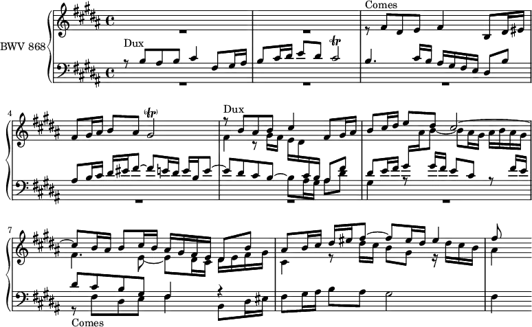 
\version "2.18.2"
\header {
  tagline = ##f
}

TrillcisB   = { \tag #'print { cis2\trill } \tag #'midi { dis32 cis dis cis  dis cis dis cis  dis cis dis cis~ cis8 }  }

Dux    = { r8^\markup{Dux} b8 ais b cis4 fis,8 gis16 ais b8 cis16 dis e8 dis cis2~ }
DuxT   = { r8^\markup{Dux} b8 ais b cis4 fis,8 gis16 ais b8 cis16 dis e8 dis \TrillcisB }
Comes  = { r8_\markup{Comes} fis8[ dis e] fis4 b,8 dis16 eis fis8 gis16 ais b8 ais gis2~ }
ComesT = { r8^\markup{Comes} fis8[ dis e] fis4 b,8 dis16 eis fis8 gis16 ais b8 ais gis2~-\parenthesize^\trill }

upper = \relative c' {
  \clef treble 
  \key b \major
  \time 4/4
  \tempo 4 = 60
  \set Staff.midiInstrument = #"harpsichord" 

   %% FUGUE CBT I-23, BWV 868, si majeur 
   << { s1*4 \relative c'' \Dux cis'8 b16 ais b8 cis16 b ais gis fis e dis8 b' ais b16 cis dis eis fis8~ fis eis16 dis eis4  fis8 } \\ { R1*2 \stemUp \relative c' \ComesT \stemDown fis,4 r8 gis16 fis e dis \stemUp \change Staff = "lower" cis b ais8 fis' dis e16 fis gis  \stemDown \change Staff = "upper"  ais b8~ b ais16 gis ais b ais gis fis4. e8~ e dis16 cis dis e fis gis cis,4 r8 dis'16 cis b8 gis r16 dis'16 cis b ais4 } >>
}

lower = \relative c' {
  \clef bass 
  \key b \major
  \time 4/4
  \set Staff.midiInstrument = #"harpsichord" 
    
   << { \DuxT b4. cis16 b ais gis fis e dis8 b' ais b16 cis dis eis fis8~ fis e16 dis e b e8~ e dis cis b~ \stemDown b ais16 gis ais8 dis gis,4 a8\rest \stemUp gis'16 fis e8 cis r8 fis16 e dis8 cis b gis fis4 r4 } \\ { R1*6 \relative c \Comes fis4} >>
    
} 


 thePianoStaff = \new PianoStaff <<
    \set PianoStaff.instrumentName = #"BWV 868"
    \new Staff = "upper" \upper
    \new Staff = "lower" \lower
  >>

\score {
  \keepWithTag #'print \thePianoStaff
  \layout {
    \context {
      \Score
      \remove "Metronome_mark_engraver"
      %\override SpacingSpanner.common-shortest-duration = #(ly:make-moment 1/3) 
    }
  }
}

\score {
  \keepWithTag #'midi \thePianoStaff
  \midi { }
}
